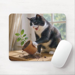 Tuxedo Katze Toppla Pflanze eines gepolsterten Hau Mousepad