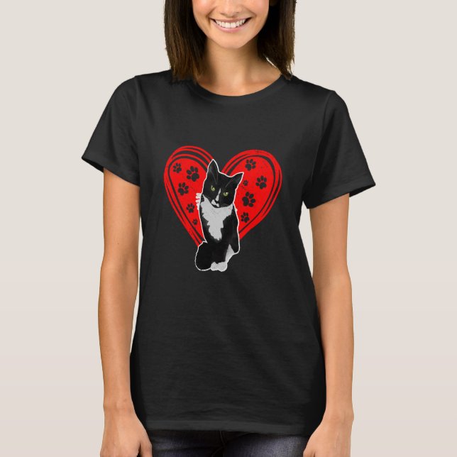 Tuxedo Katze Valentine Herzpfanne für Kätzchen und T-Shirt (Vorderseite)