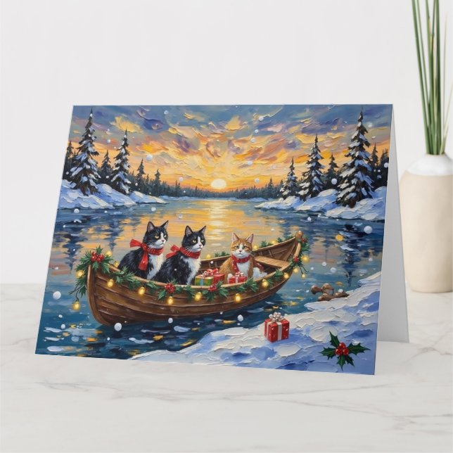 Tuxedo-Katze Weihnachtsboot Urlaub Karte (Vorderseite)
