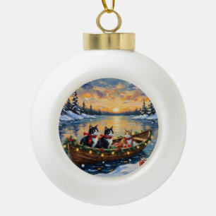 Tuxedo-Katze Weihnachtsboot Urlaub Keramik Kugel-Ornament