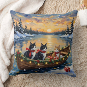 Tuxedo-Katze Weihnachtsboot Urlaub Kissen