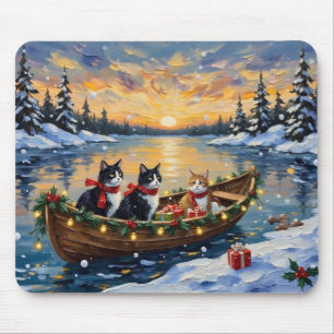 Tuxedo-Katze Weihnachtsboot Urlaub Mousepad