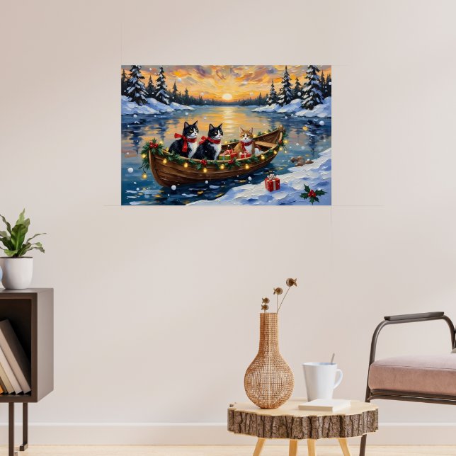 Tuxedo-Katze Weihnachtsboot Urlaub Poster (Wohnzimmer 3)