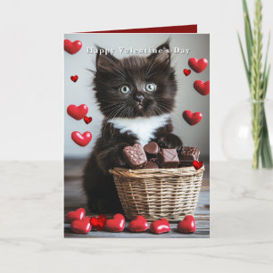 Tuxedo-Katze zum Valentinstag mit roten Herzen  Karte