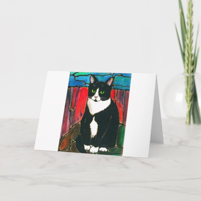 Tuxedo-Katzen-beflecktes Glas-Entwurfs-Kunst-T - Karte (Vorderseite)