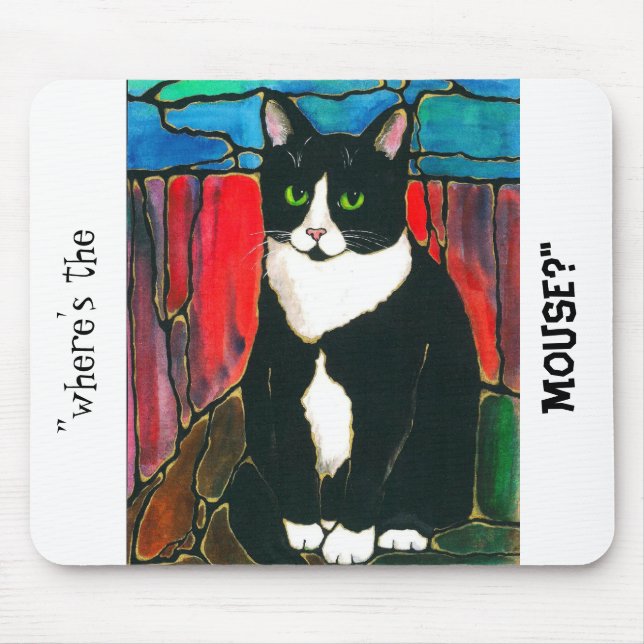 Tuxedo-Katzen-beflecktes Glas-Entwurfs-Kunst-T - Mousepad (Vorne)