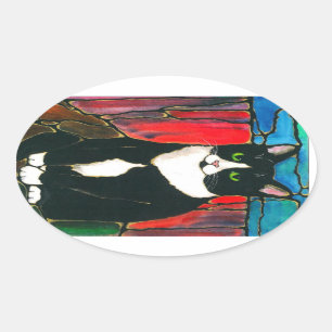 Tuxedo-Katzen-beflecktes Glas-Entwurfs-Kunst-T - Ovaler Aufkleber