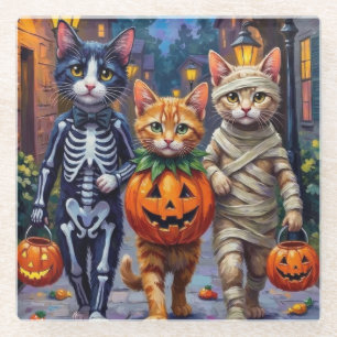 Tuxedo-Katzen beim Trick-or-Treat in Halloween-Kos Glasuntersetzer