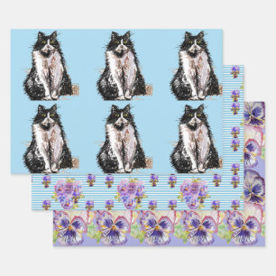 Tuxedo Katzen Blaue Blume Aquarellmalerei Geschenkpapier Set