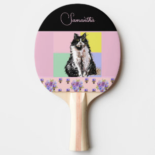 Tuxedo Katzen Pastellfarbene, rosa Mädchen Tischtennis Schläger