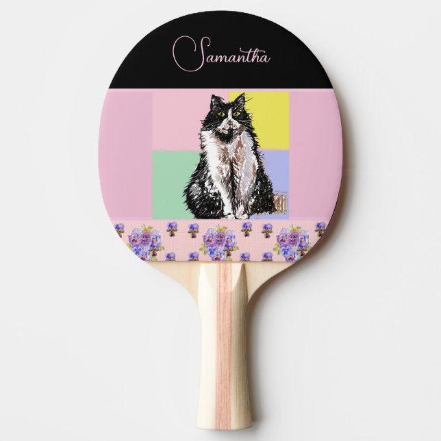 Tuxedo Katzen Pastellfarbene, rosa Mädchen Tischtennis Schläger (Vorderseite)