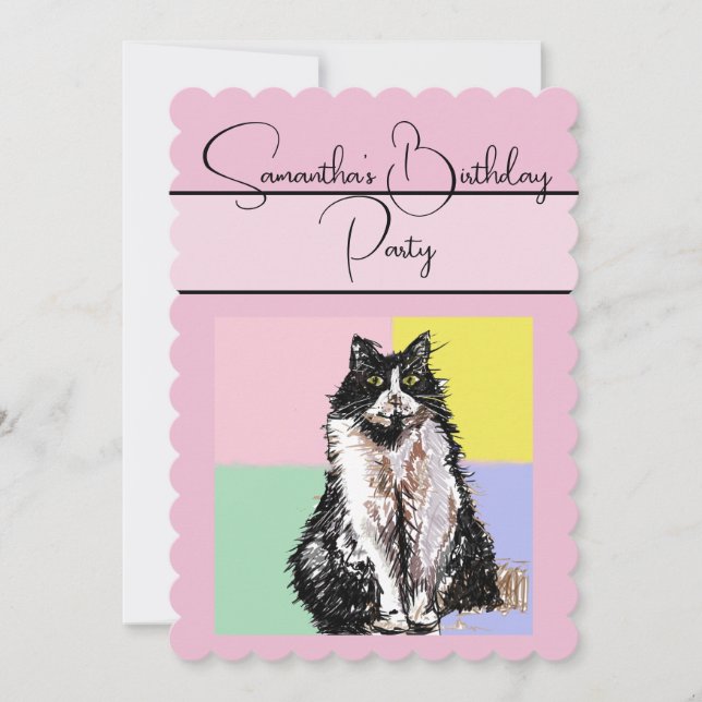 Tuxedo Katzen Rosa Geburtstagsparty Einladung (Vorderseite)