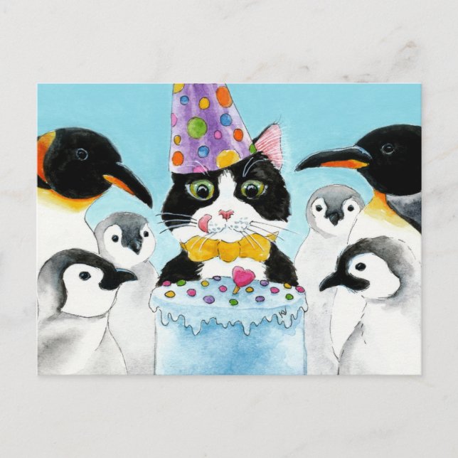 Tuxedo Katzenpinguine Geburtstagskuchen Postkarte (Vorderseite)