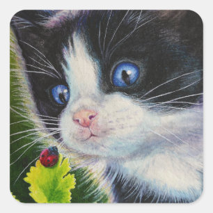 Tuxedo Kitten & Ladybug Wasserfarbe Kunst Quadratischer Aufkleber