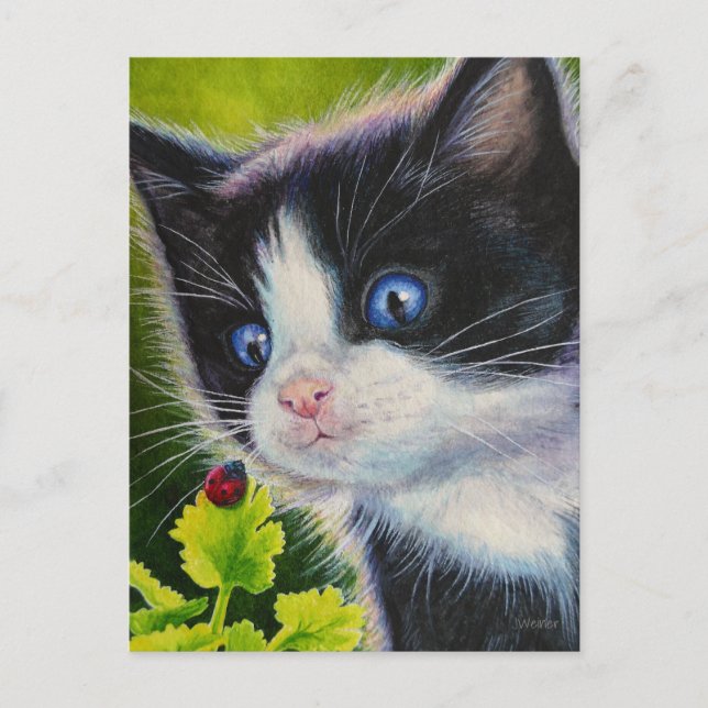 Tuxedo Kitten & Ladybug Wasserfarben Kunst & Kultu Postkarte (Vorderseite)