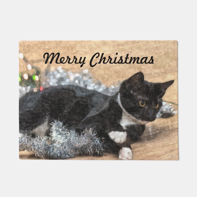 Tuxedo Kitten Tinsel und Lights Door Mat Fußmatte (Vorderseite)