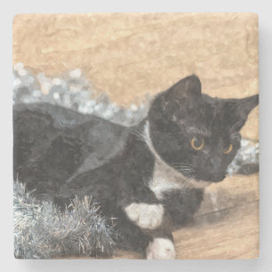 Tuxedo Kitten Tinsel und Lights Painterly Steinuntersetzer