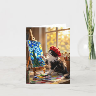 Tuxedo Kitty Painting Starry Night Dankeskarte