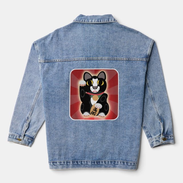 Tuxedo Lucky Cat Cartoon Fortune Pet Kitty Jeansjacke (Rückseite)