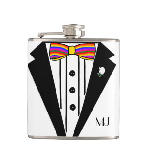 Tuxedo mit Regenbogen-Bogen-Krawatten-Hochzeit Flachmann