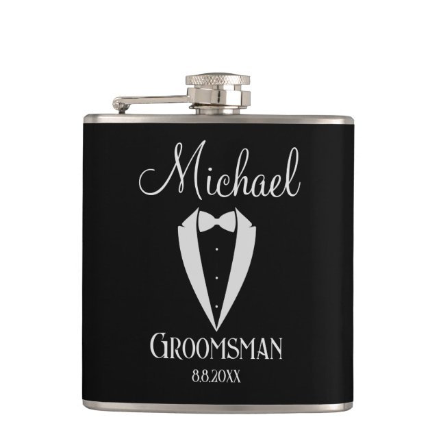 Tüxedo mit Trauzeuge schwarz-weiß Flachmann (Vorderseite)