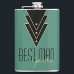 Tuxedo Modernes Art Deco Trauzeuge Flachmann<br><div class="desc">Dieses Design ist eine großartige Geschenkidee für den Trauzeuge in Ihrer Hochzeit und verfügt über ein vom Deko inspiriert Trio aus Dreiecken, die in einer goldenen Farbe mit Punkten umgeben sind. Fügen Sie anstelle des Beispieltextes den Namen Ihres Trauzeugen hinzu. Sie können die Hintergrundfarbe dieses Frames ändern, indem Sie ihn...</div>