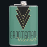 Tuxedo Modernes Art Deco Trauzeuge Flachmann<br><div class="desc">Dieses Design ist eine großartige Geschenkidee für die Trauzeugen in Ihrer Hochzeit. Es verfügt über ein vom Deko inspiriert Trio aus Dreiecken, die in einer goldenen Farbe umrahmt und mit Punkten bespannt sind. Fügen Sie anstelle des Beispieltextes den Namen Ihrer Trauzeugen hinzu. Sie können die Hintergrundfarbe dieses Frames ändern, indem...</div>