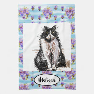 Tuxedo Schwarz-weiß Cat art Floral Ladys Name Geschirrtuch