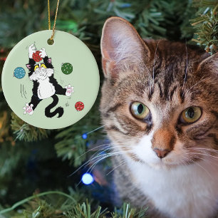 Tuxedo Schwarz-weiße Weihnachtskatze Keramik Ornament
