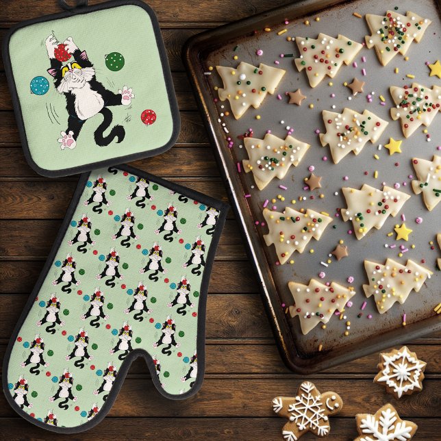 Tuxedo Schwarz-weiße Weihnachtskatze Ofenhandschuh & Topflappen-Set (Von Creator hochgeladen)