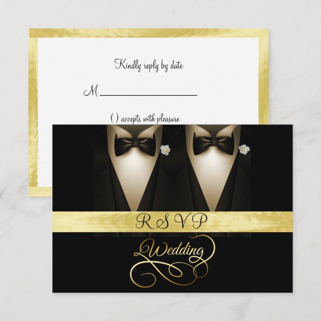 Tuxedo, White Rose Gold & Black Wedding RSVP Einladung (Vorne/Hinten)