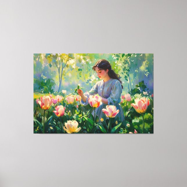 *~* TV2 Garden Tulips Girl Stretched Canvas Print Leinwanddruck (Vorderseite)