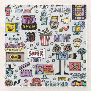 TV-Serien-Doodle: Lustige Vintage-Set. Glasuntersetzer