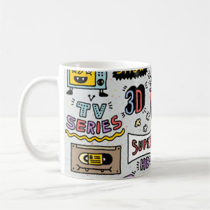 TV-Serien-Doodle: Lustige Vintage-Set. Kaffeetasse