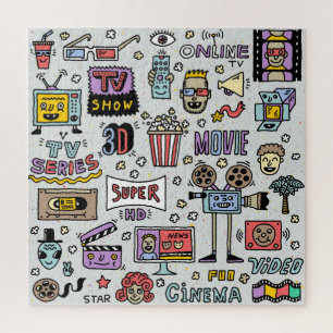 TV-Serien-Doodle: Lustige Vintage-Set. Puzzle
