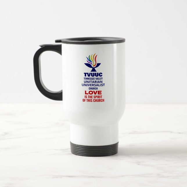TVUUC Chalice Logo Symbol, Liebe ist der Geist Reisebecher (Links)