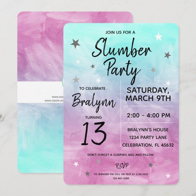 Tween Girl - Slumber Party Wasserfarbe Einladung (Vorne/Hinten)