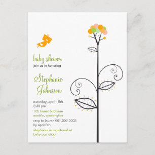 Tweet Bird Yellow Bloom Dots Tree Chic Baby Dusche Einladungspostkarte