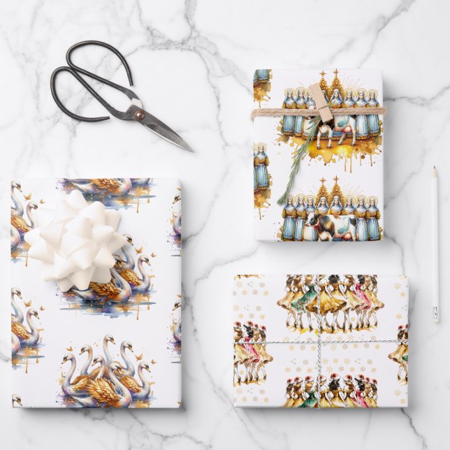 Twelve Days of Christmas Festive Gold Geschenkpapier Set (Vorderseite)