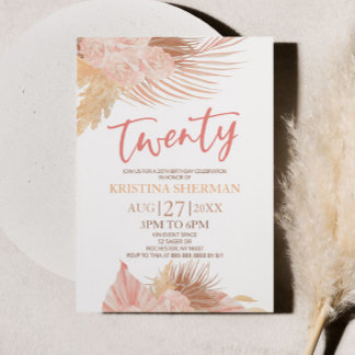 Twenty Boho Pink Floral Flower 20th Birthday Party Einladung