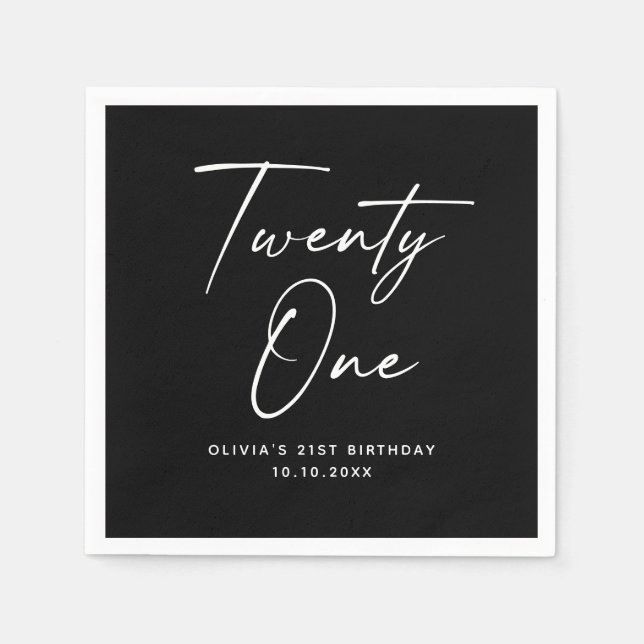 Twenty One 21st Birthday | Elegant Black Modern Serviette (Vorderseite)