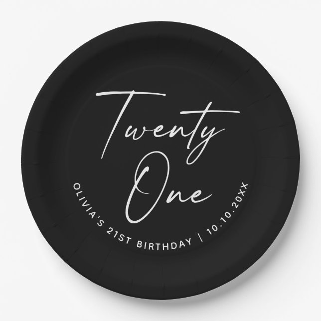 Twenty One Birthday | Black Minimalist 21st Party Pappteller (Vorderseite)