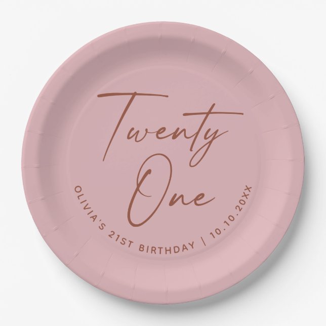 Twenty One Birthday | Dusty Rose Pink 21st Party Pappteller (Vorderseite)