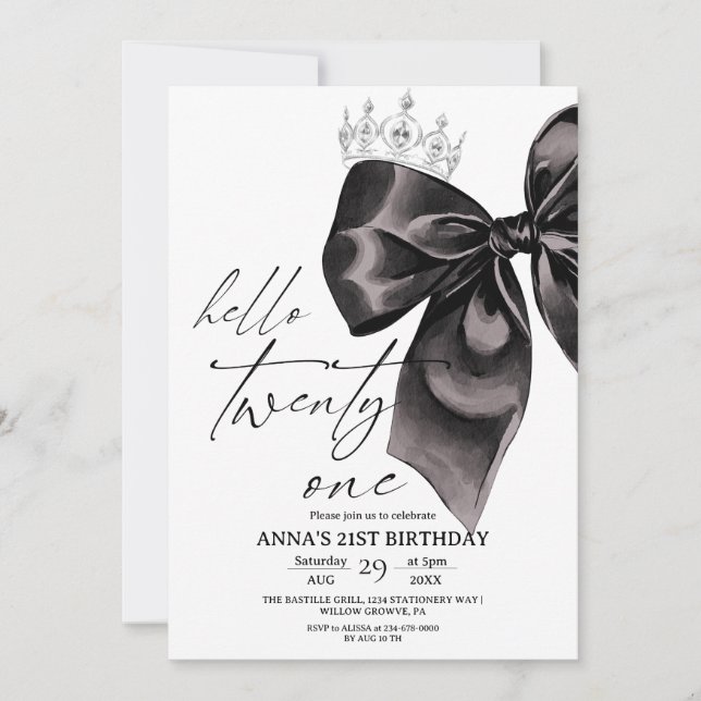 Twenty one Black Bow 21st Birthday Invitation Einladung (Vorderseite)