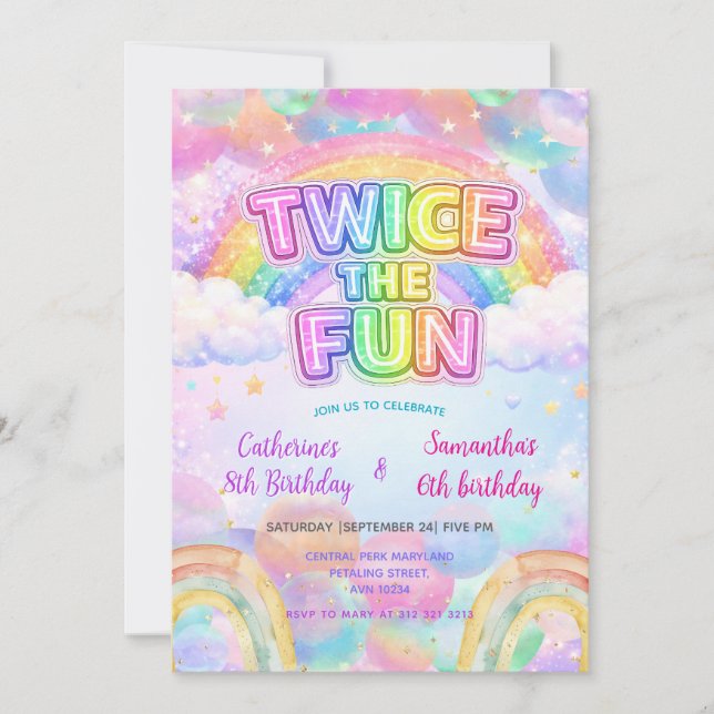 Twice the Fun Rainbow Sibling Birthday  Einladung (Vorderseite)