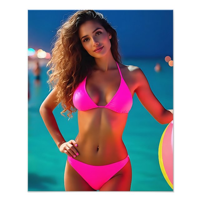 Twilight Beach Portrait - Frau in Neon Pink Bikin Fotodruck (Vorne)