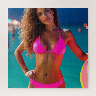 Twilight Beach Portrait - Frau in Neon Pink Bikin Puzzle