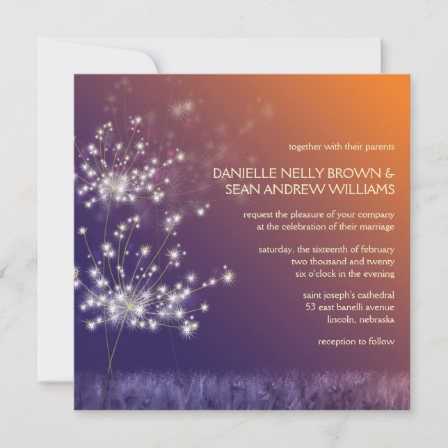 Twilight Dandelions Floral Wedding Einladung (Vorderseite)