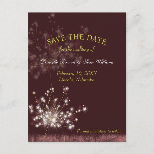 Twilight Dandelions Wedding Save the Date Ankündigungspostkarte (Vorderseite)