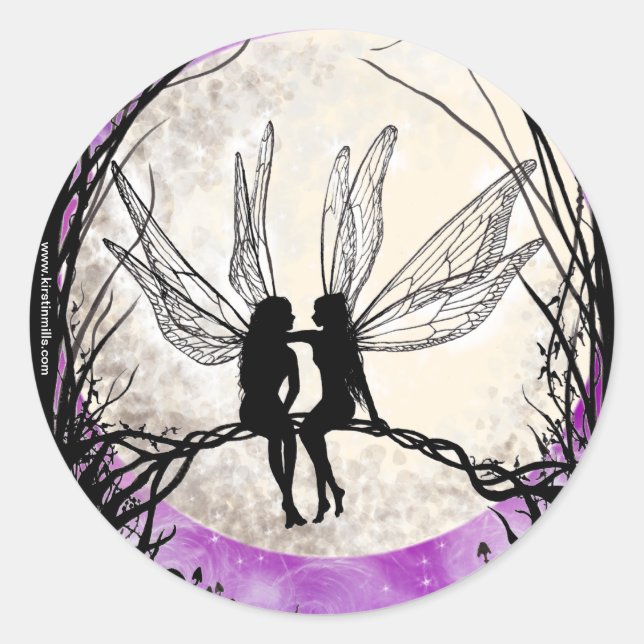 Twilight Fairy Art Stickers, Fee Silhouetten Runder Aufkleber (Vorderseite)